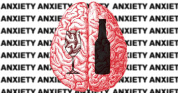 Wine glass and beer bottle over brain graphic